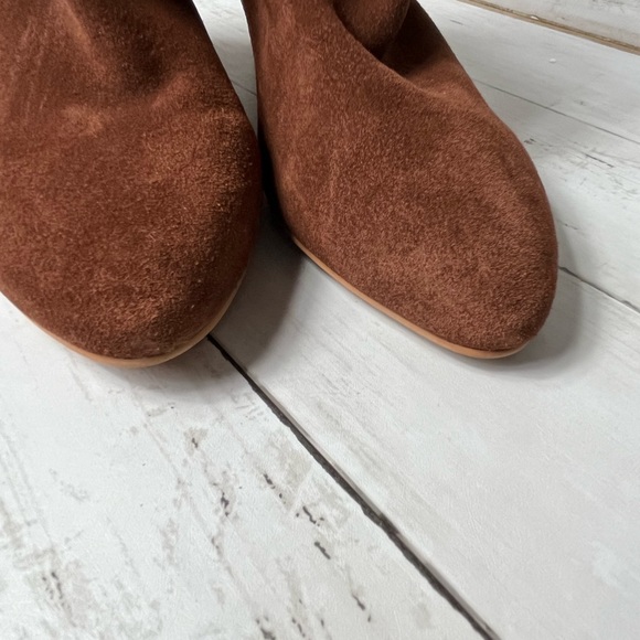 Lucky Brand Zaprika Suede Cuffed Bootie Faux Stack Wood Heels NWOB Size 8 1/2 - Picture 2 of 11